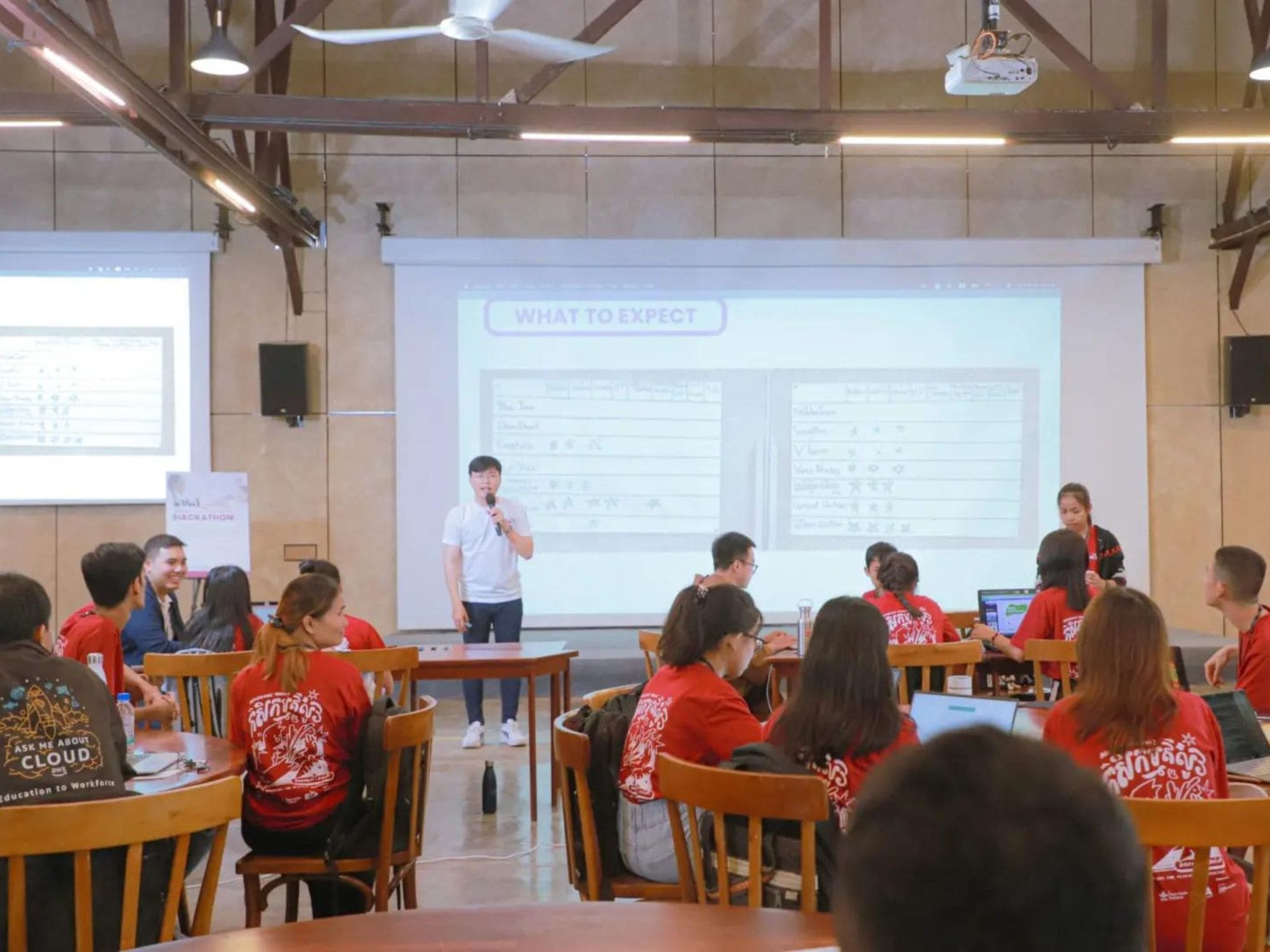 A group of young people sit around round tables in a large hall as a staff member from Impact Hub Phnom Penh stands with a microphone introducing the DakDam Hackathon.