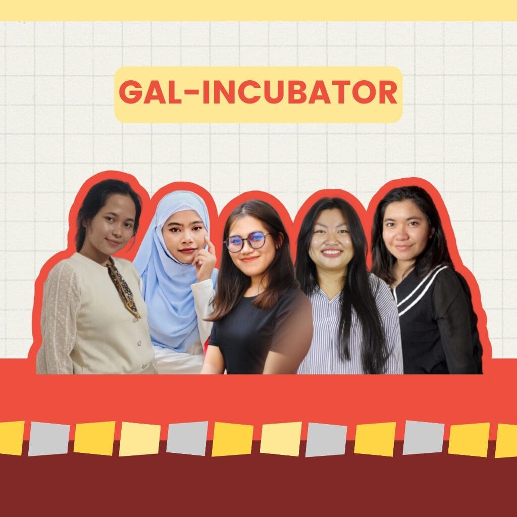 Stylized graphic of five young women smiling with the words GAL-INCUBATOR written above.