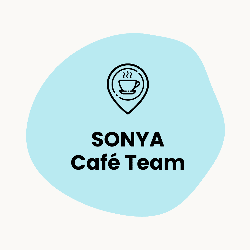 Icon of a coffee cup in a location pin with the words "SONYA Cafe Team"