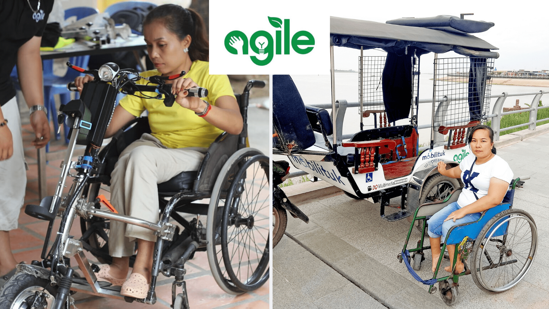 On the let, a woman in a wheelchair bicycle. On the left, a soman in a wheelchair next to Agile Development Group's mobilituk.