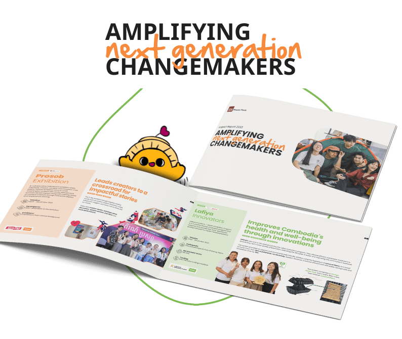 A mockup of a few pages from Impact Hub Phnom Penh's 2023 Annual Report with the words "Amplifying next generation changemakers"