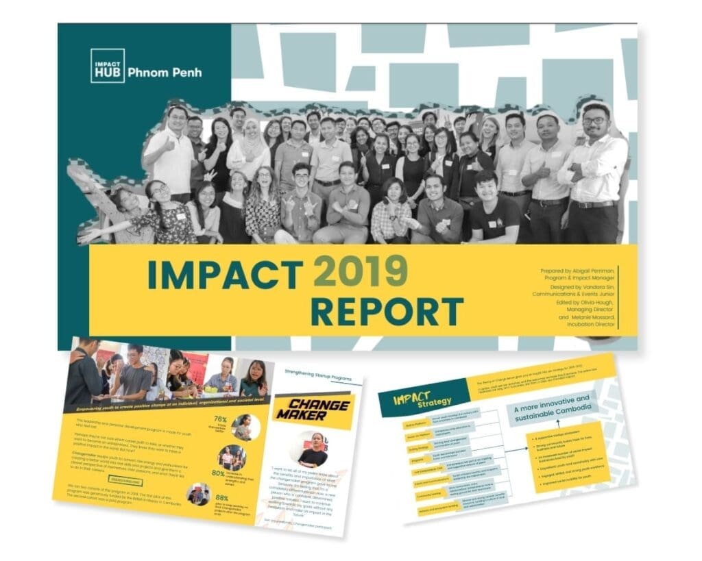 A collection of three screenshots from Impact Hub Phnom Penh's 2019 Impact Report.