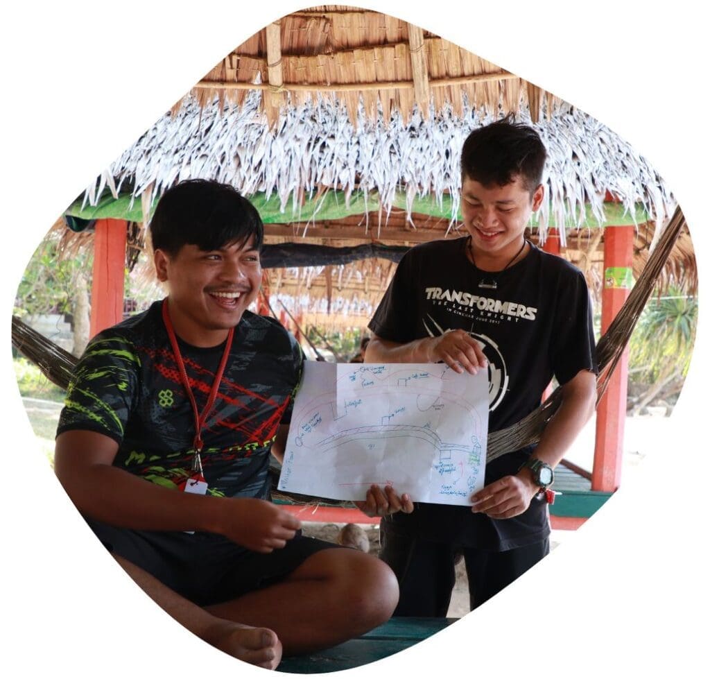 Two Cambodian entrepreneurs sit on a hammock and smile as they present a diagram on a piece of paper.