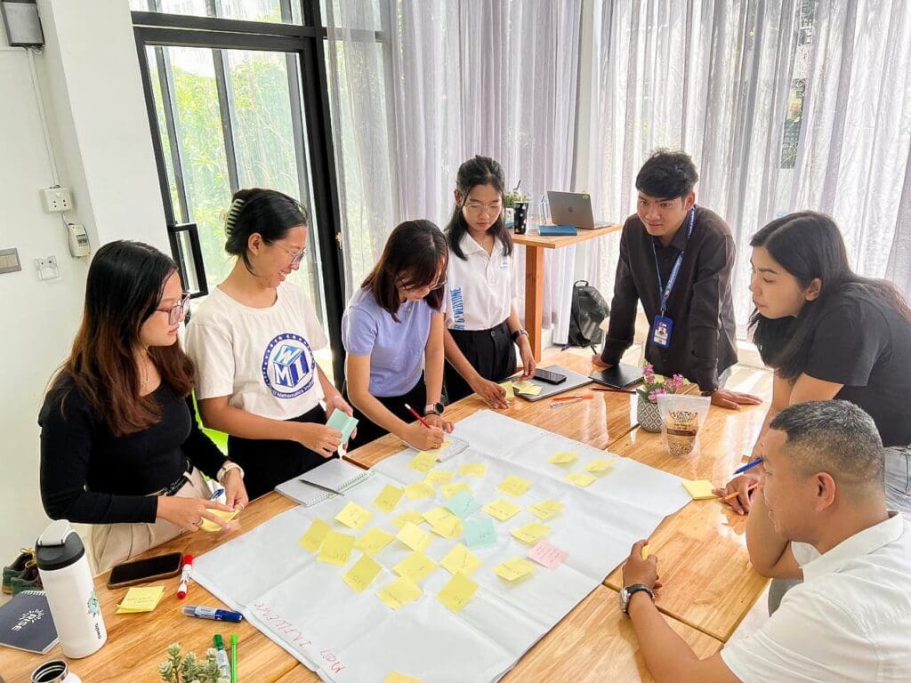 A group of young people stand around a table during a workshop in Impact Hub Phnom Penh's meeting room.